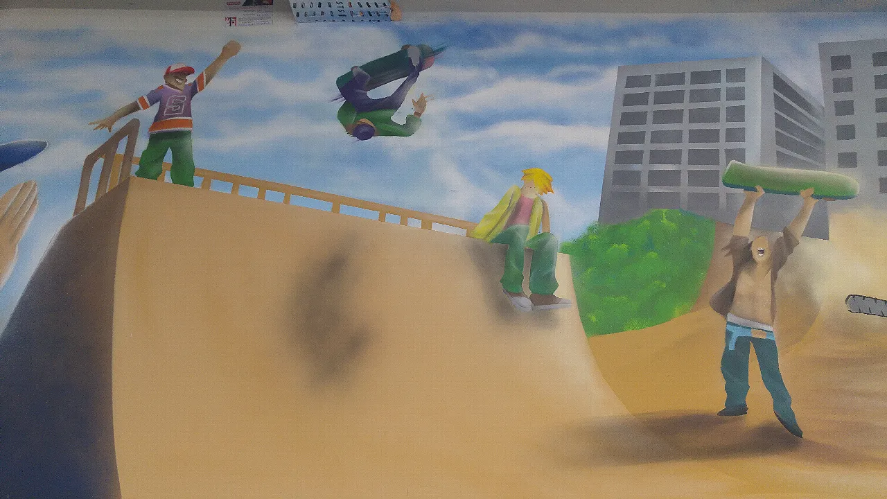 Mural of young skateboarders having fun
